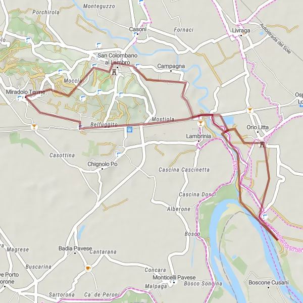 Mapa miniatúra "Gravelová trasa od Miradolo Terme po Camporinaldo" cyklistická inšpirácia v Lombardia, Italy. Vygenerované cyklistickým plánovačom trás Tarmacs.app