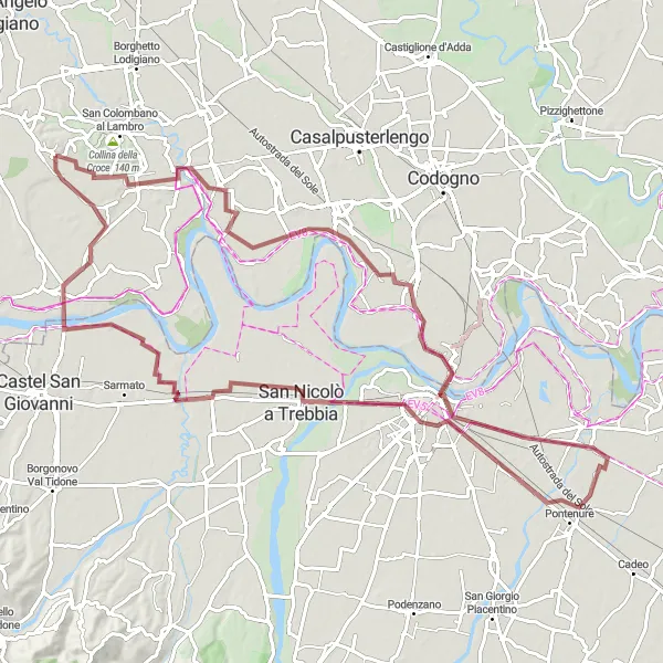 Miniaturní mapa "Gravelový okruh kolem Piacenzy" inspirace pro cyklisty v oblasti Lombardia, Italy. Vytvořeno pomocí plánovače tras Tarmacs.app