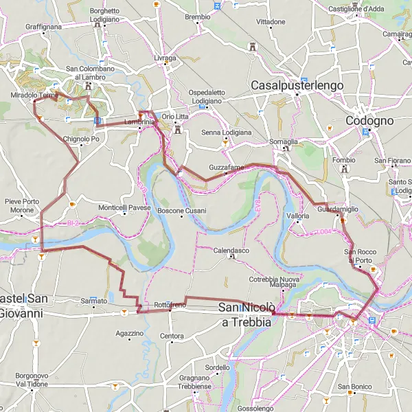Mapa miniatúra "Gravelová cyklotúra cez Rottofreno" cyklistická inšpirácia v Lombardia, Italy. Vygenerované cyklistickým plánovačom trás Tarmacs.app
