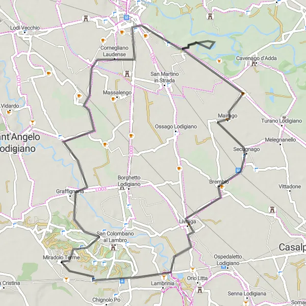 Miniatua del mapa de inspiración ciclista "Ruta de Ciclismo de Carretera desde Miradolo Terme" en Lombardia, Italy. Generado por Tarmacs.app planificador de rutas ciclistas