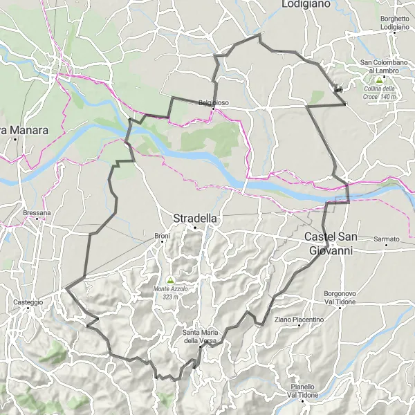 Mapa miniatúra "Okruh cez Castel San Giovanni a Montecalvo Versiggia" cyklistická inšpirácia v Lombardia, Italy. Vygenerované cyklistickým plánovačom trás Tarmacs.app