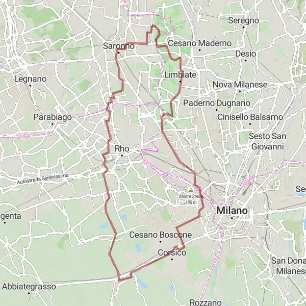 Miniaturní mapa "Gravelová cesta do Cornaredo" inspirace pro cyklisty v oblasti Lombardia, Italy. Vytvořeno pomocí plánovače tras Tarmacs.app