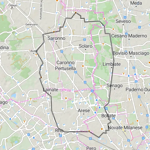 Map miniature of "Senago, Lainate, Uboldo, and Cascina Nuova" cycling inspiration in Lombardia, Italy. Generated by Tarmacs.app cycling route planner