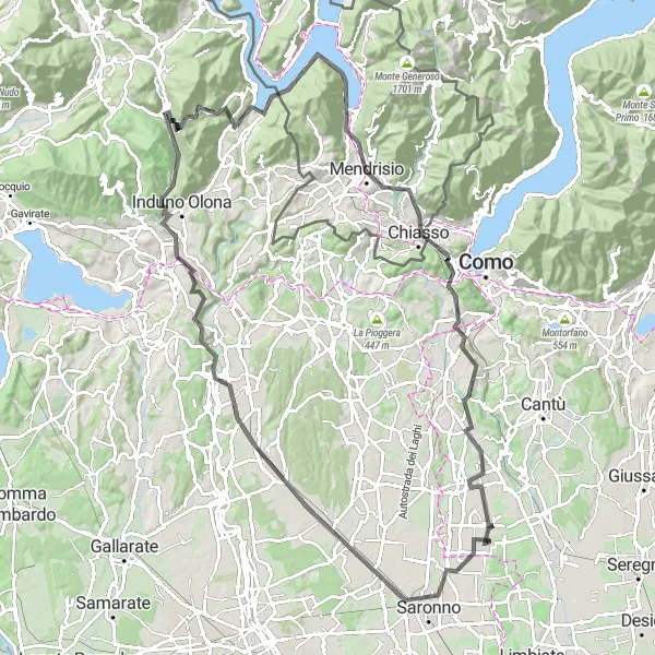 Map miniature of "Gerenzano, Castiglione Olona, and the Spectacular Lago di Lugano" cycling inspiration in Lombardia, Italy. Generated by Tarmacs.app cycling route planner