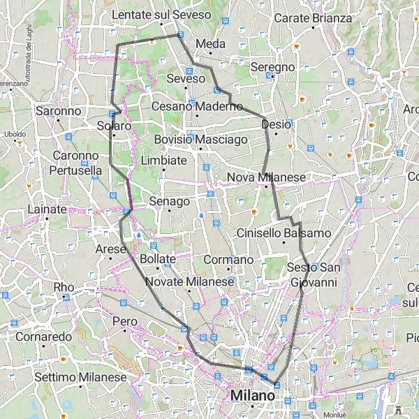 Map miniature of "Barlassina, Sesto San Giovanni, Bosco Verticale, and Ceriano Laghetto" cycling inspiration in Lombardia, Italy. Generated by Tarmacs.app cycling route planner