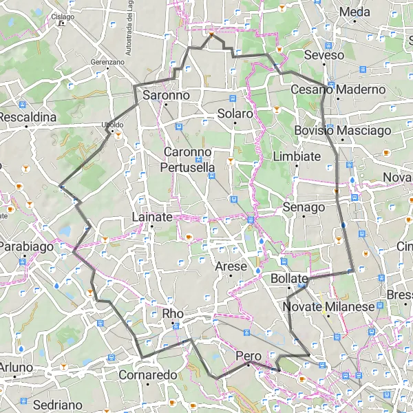 Map miniature of "Cesano Maderno, Fiat-Aeritalia F-104S ASA, Cornaredo, Uboldo, and Cascina Nuova" cycling inspiration in Lombardia, Italy. Generated by Tarmacs.app cycling route planner