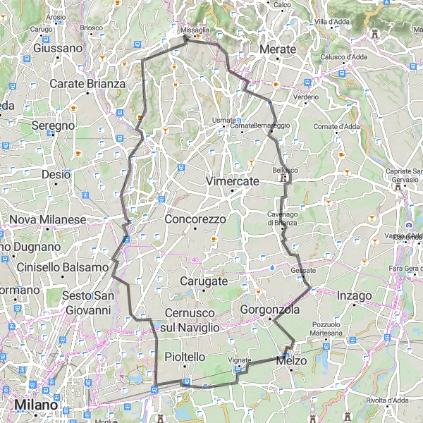 Miniatua del mapa de inspiración ciclista "Ruta en bicicleta de carretera cerca de Missaglia" en Lombardia, Italy. Generado por Tarmacs.app planificador de rutas ciclistas