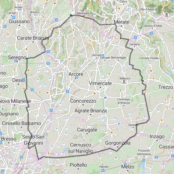 Miniatura della mappa di ispirazione al ciclismo "Ritorno in bicicletta da Missaglia attraverso Sulbiate" nella regione di Lombardia, Italy. Generata da Tarmacs.app, pianificatore di rotte ciclistiche