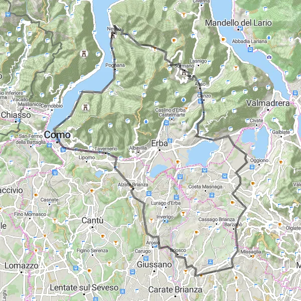 Miniatua del mapa de inspiración ciclista "Desafío de ciclismo de carretera comenzando cerca de Missaglia" en Lombardia, Italy. Generado por Tarmacs.app planificador de rutas ciclistas