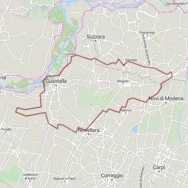 Kartminiatyr av "Grusvei eventyr gjennom Novellara og Guastalla" sykkelinspirasjon i Lombardia, Italy. Generert av Tarmacs.app sykkelrutoplanlegger