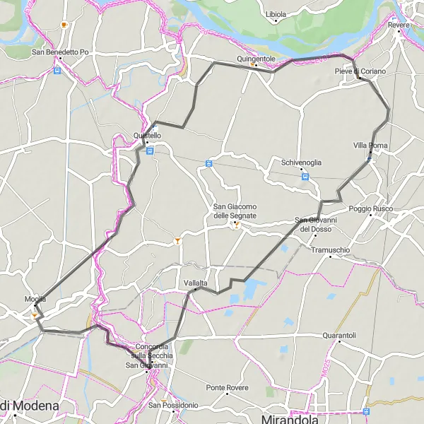 Mapa miniatúra "Krátká cyklotrasa u Moglie" cyklistická inšpirácia v Lombardia, Italy. Vygenerované cyklistickým plánovačom trás Tarmacs.app