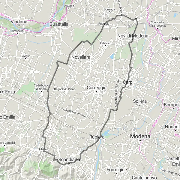 Kartminiatyr av "Opplev de vakre landskapene i Reggiolo på denne 120 km lange landeveien" sykkelinspirasjon i Lombardia, Italy. Generert av Tarmacs.app sykkelrutoplanlegger