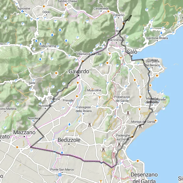 Zemljevid v pomanjšavi "Kolesarska pot od Molinetta: Monte Budellone - Gavardo - Roè - Corna Bussarola - Monte Croce - Solarolo - Padenghe sul Garda - Monte Falò - Salaghetto" kolesarske inspiracije v Lombardia, Italy. Generirano z načrtovalcem kolesarskih poti Tarmacs.app