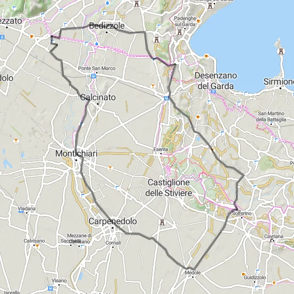 Miniaturekort af cykelinspirationen "Rundtur på landevej gennem Bedizzole og Monte Falò" i Lombardia, Italy. Genereret af Tarmacs.app cykelruteplanlægger