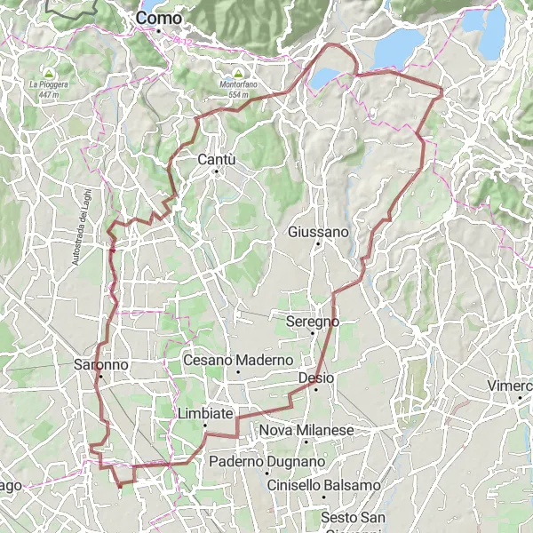Kartminiatyr av "Grusvei sykkeltur fra Molteno" sykkelinspirasjon i Lombardia, Italy. Generert av Tarmacs.app sykkelrutoplanlegger