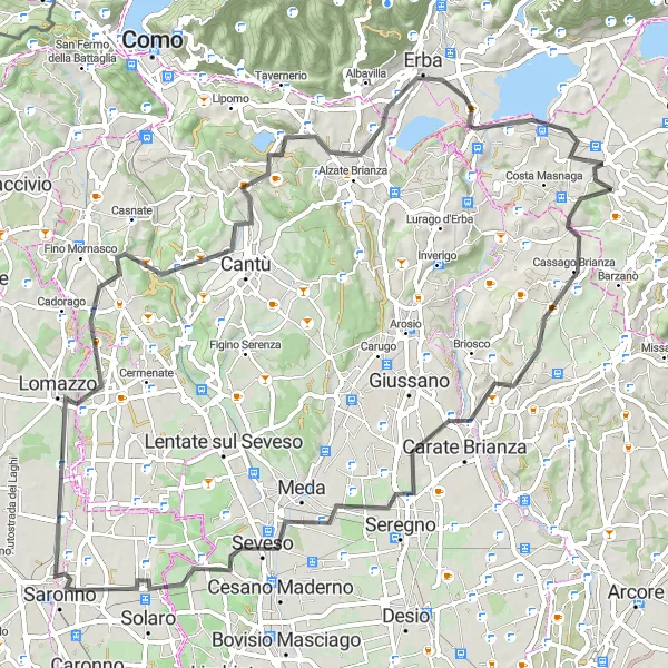 Kartminiatyr av "Landeveissykkeltur rundt Molteno" sykkelinspirasjon i Lombardia, Italy. Generert av Tarmacs.app sykkelrutoplanlegger