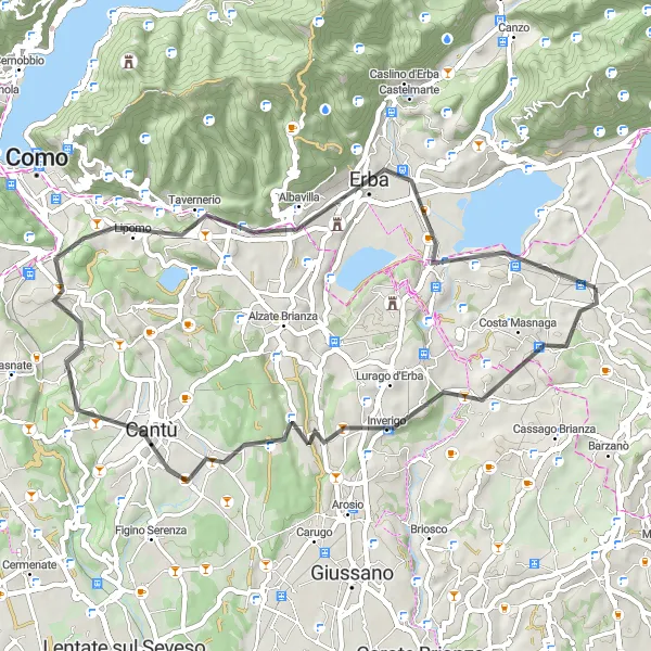 Miniature de la carte de l'inspiration cycliste "La route des collines: Costa Masnaga to Rogeno" dans la Lombardia, Italy. Générée par le planificateur d'itinéraire cycliste Tarmacs.app