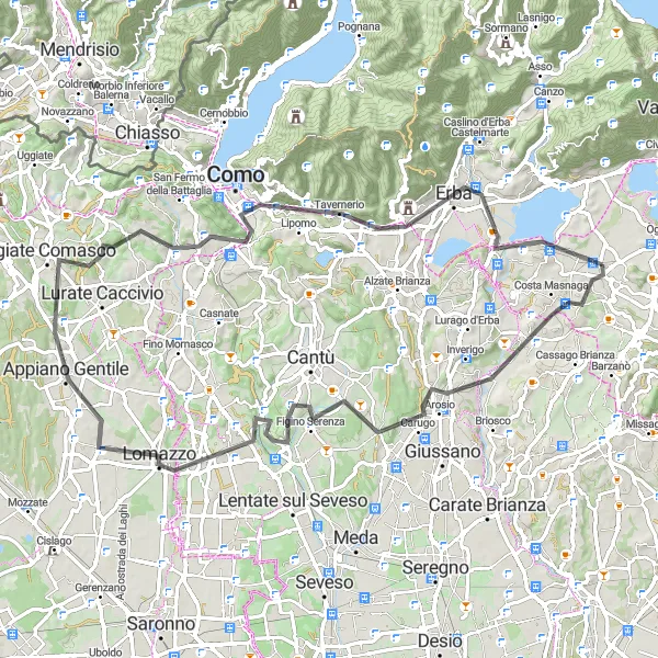 Miniatua del mapa de inspiración ciclista "Exploración desde Bulciago a Rogeno" en Lombardia, Italy. Generado por Tarmacs.app planificador de rutas ciclistas