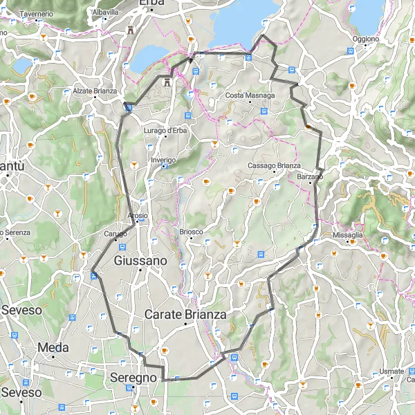 Map miniature of "The Barzago Tour" cycling inspiration in Lombardia, Italy. Generated by Tarmacs.app cycling route planner