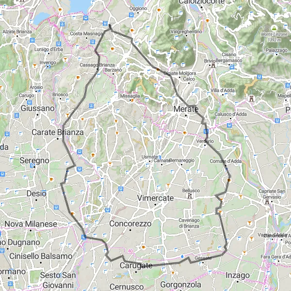 Miniatura della mappa di ispirazione al ciclismo "Tra Le Ville di Monza" nella regione di Lombardia, Italy. Generata da Tarmacs.app, pianificatore di rotte ciclistiche