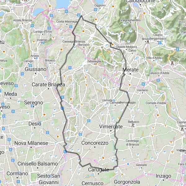 Miniatura della mappa di ispirazione al ciclismo "Giro delle Colline Lombard" nella regione di Lombardia, Italy. Generata da Tarmacs.app, pianificatore di rotte ciclistiche