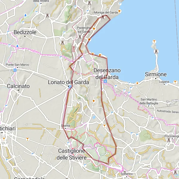 Kartminiatyr av "Grusvei eventyr: Desenzano del Garda til Moniga del Garda via Esenta" sykkelinspirasjon i Lombardia, Italy. Generert av Tarmacs.app sykkelrutoplanlegger