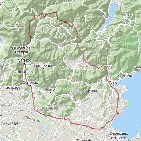Miniatuurkaart van de fietsinspiratie "Uitdagende Gravelpaden van Moniga del Garda naar Monte delle Monache" in Lombardia, Italy. Gemaakt door de Tarmacs.app fietsrouteplanner