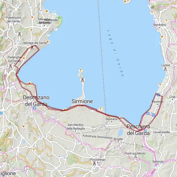 Miniaturekort af cykelinspirationen "Grusvejscykelrute omkring Gardasøen" i Lombardia, Italy. Genereret af Tarmacs.app cykelruteplanlægger