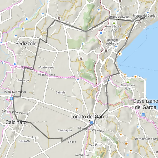 Mapa miniatúra "Cestná trasa na juh od Moniga del Garda" cyklistická inšpirácia v Lombardia, Italy. Vygenerované cyklistickým plánovačom trás Tarmacs.app