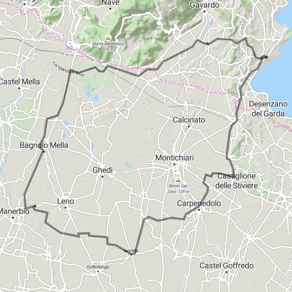 Kartminiatyr av "Padenghe sul Garda - Bagnolo Mella - Belvedere" sykkelinspirasjon i Lombardia, Italy. Generert av Tarmacs.app sykkelrutoplanlegger