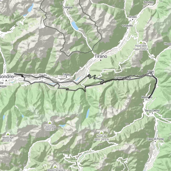 Miniatura della mappa di ispirazione al ciclismo "Giro ciclistico Montagna in Valtellina - Tresenda - Passo di Santa Cristina - Corteno Golgi - Malonno - Edolo - Passo dell'Aprica - Castello dell'Acqua - Castel Grumello" nella regione di Lombardia, Italy. Generata da Tarmacs.app, pianificatore di rotte ciclistiche