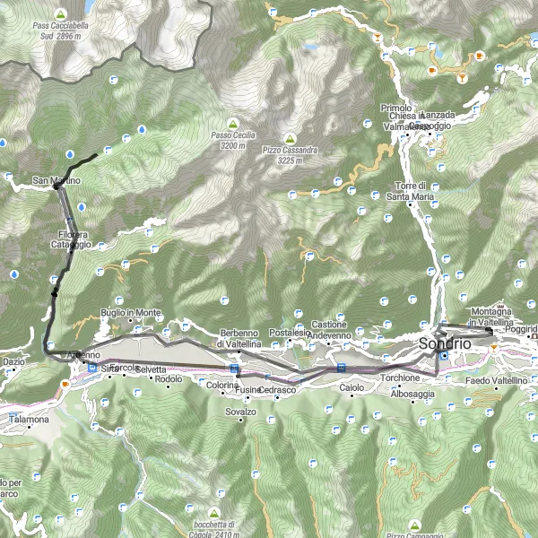 Kartminiatyr av "Vakre Valtellina-veien" sykkelinspirasjon i Lombardia, Italy. Generert av Tarmacs.app sykkelrutoplanlegger