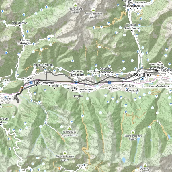 Map miniature of "Sondrio to Ponchiera" cycling inspiration in Lombardia, Italy. Generated by Tarmacs.app cycling route planner