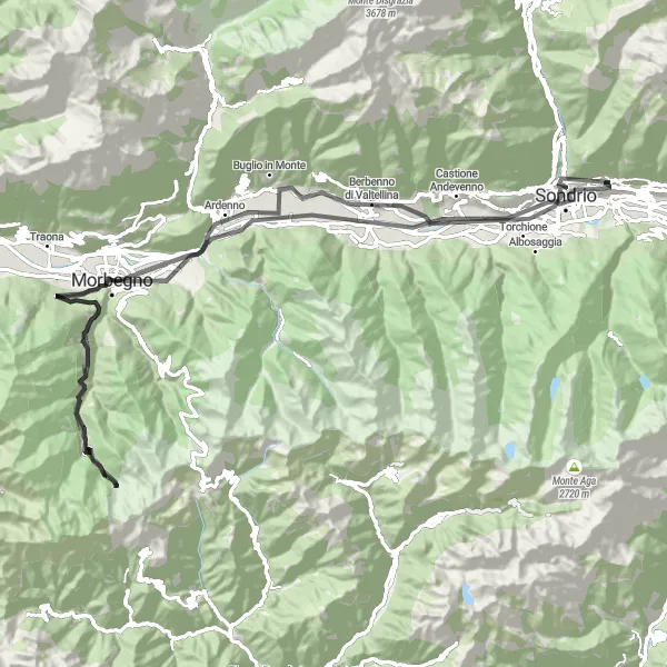 Miniature de la carte de l'inspiration cycliste "Exploration des Hauteurs de Valtellina" dans la Lombardia, Italy. Générée par le planificateur d'itinéraire cycliste Tarmacs.app