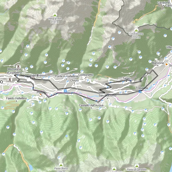 Miniatua del mapa de inspiración ciclista "Ruta a través de Teglio y Montagna" en Lombardia, Italy. Generado por Tarmacs.app planificador de rutas ciclistas