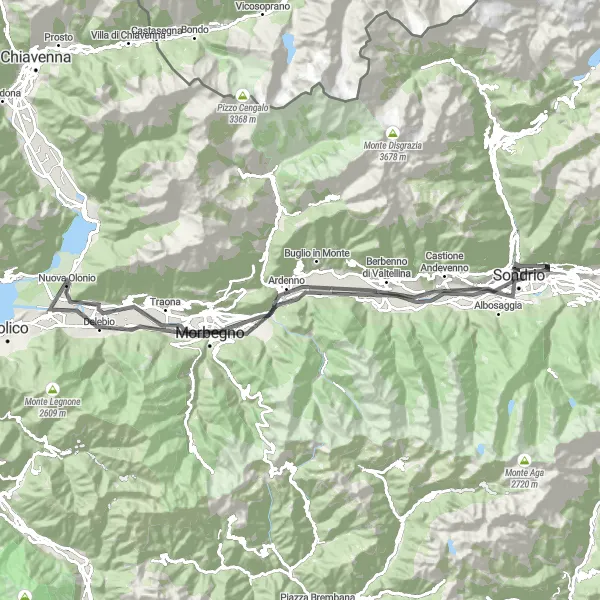 Miniatura della mappa di ispirazione al ciclismo "Giro dei Borghi Storici della Valtellina" nella regione di Lombardia, Italy. Generata da Tarmacs.app, pianificatore di rotte ciclistiche