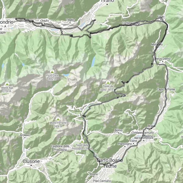 Karttaminiaatyyri "Haastava matka Valtellinan ympäri" pyöräilyinspiraatiosta alueella Lombardia, Italy. Luotu Tarmacs.app pyöräilyreittisuunnittelijalla