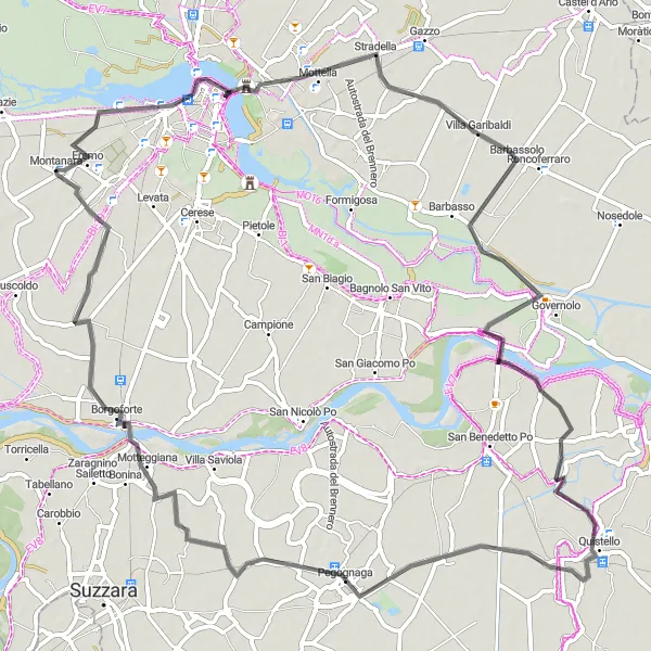 Kartminiatyr av "Montanara - Quistello" sykkelinspirasjon i Lombardia, Italy. Generert av Tarmacs.app sykkelrutoplanlegger