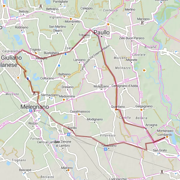 Miniatura della mappa di ispirazione al ciclismo "Avventura in mountain bike tra Sordio e Arcagna" nella regione di Lombardia, Italy. Generata da Tarmacs.app, pianificatore di rotte ciclistiche