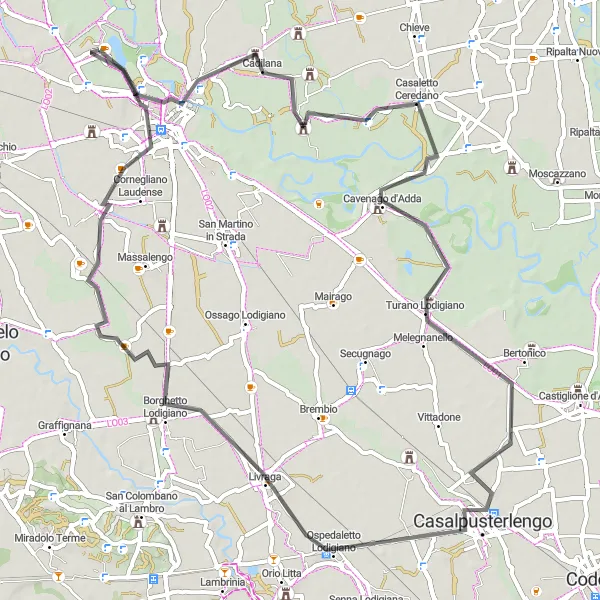 Miniatua del mapa de inspiración ciclista "Recorrido en carretera desde Montanaso Lombardo a Torrione" en Lombardia, Italy. Generado por Tarmacs.app planificador de rutas ciclistas