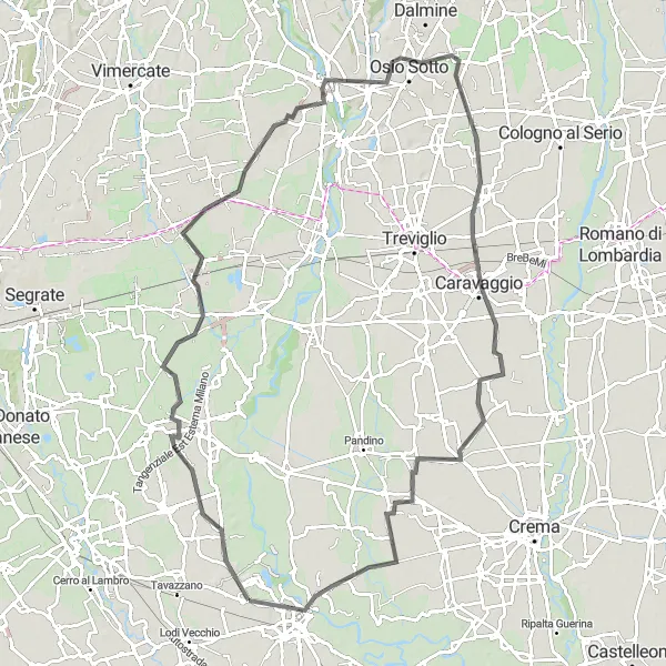Miniatua del mapa de inspiración ciclista "Ruta de ciclismo en carretera de Montanaso Lombardo a Lodi y más allá" en Lombardia, Italy. Generado por Tarmacs.app planificador de rutas ciclistas