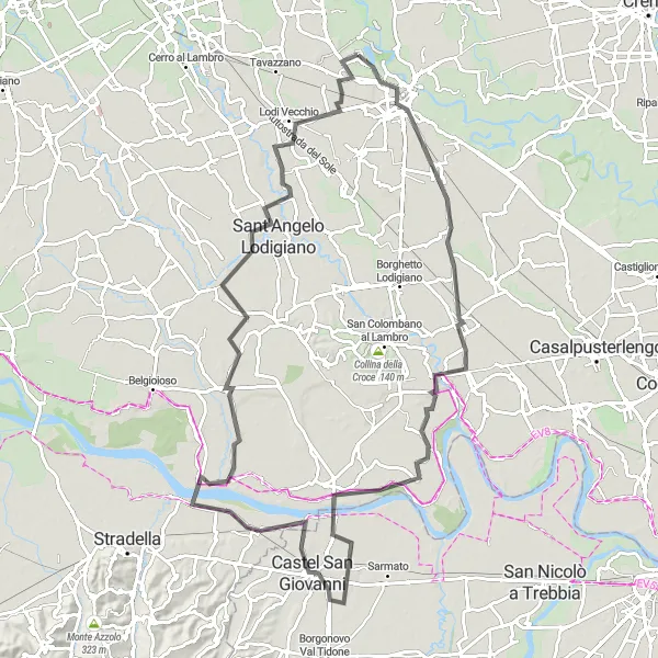 Mapa miniatúra "Cyklotrasa v Lombardii kolem města Montanaso Lombardo" cyklistická inšpirácia v Lombardia, Italy. Vygenerované cyklistickým plánovačom trás Tarmacs.app