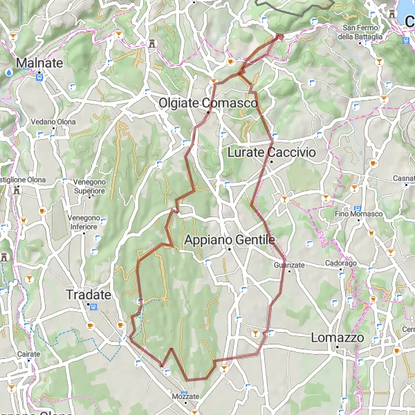 Map miniature of "The Gravel Adventure: Montano to Monte Cucco" cycling inspiration in Lombardia, Italy. Generated by Tarmacs.app cycling route planner