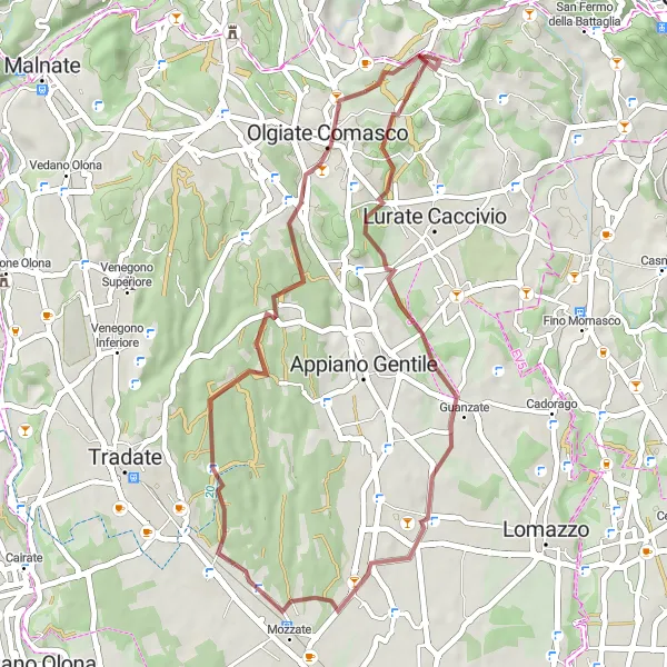 Miniaturekort af cykelinspirationen "Gruscykelrute fra Montano" i Lombardia, Italy. Genereret af Tarmacs.app cykelruteplanlægger