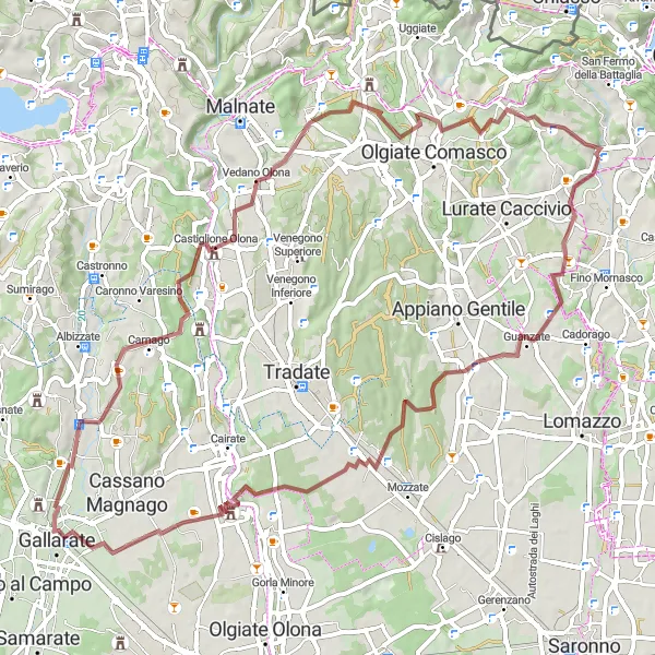 Map miniature of "The Adventure Ahead: Montano to Lucino" cycling inspiration in Lombardia, Italy. Generated by Tarmacs.app cycling route planner
