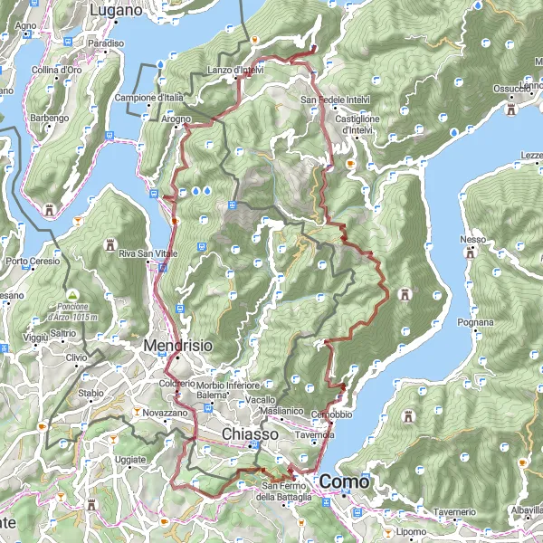 Map miniature of "The Ultimate Gravel Challenge: Montano to Sasso di Cavallasca" cycling inspiration in Lombardia, Italy. Generated by Tarmacs.app cycling route planner