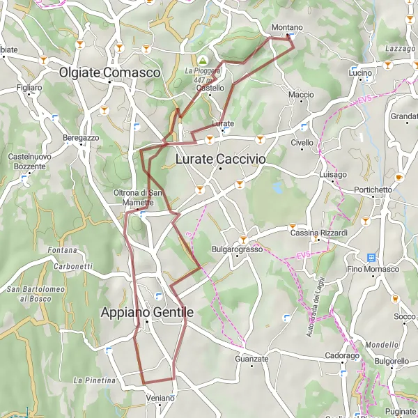 Map miniature of "Scenic Gravel Ride: Montano to Lurate Caccivio" cycling inspiration in Lombardia, Italy. Generated by Tarmacs.app cycling route planner
