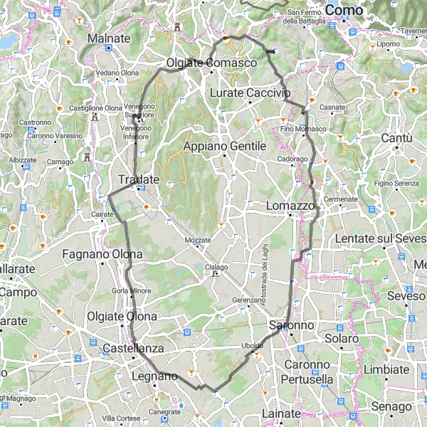 Miniaturekort af cykelinspirationen "Landevejscykelruten fra Montano til Monte Cucco" i Lombardia, Italy. Genereret af Tarmacs.app cykelruteplanlægger