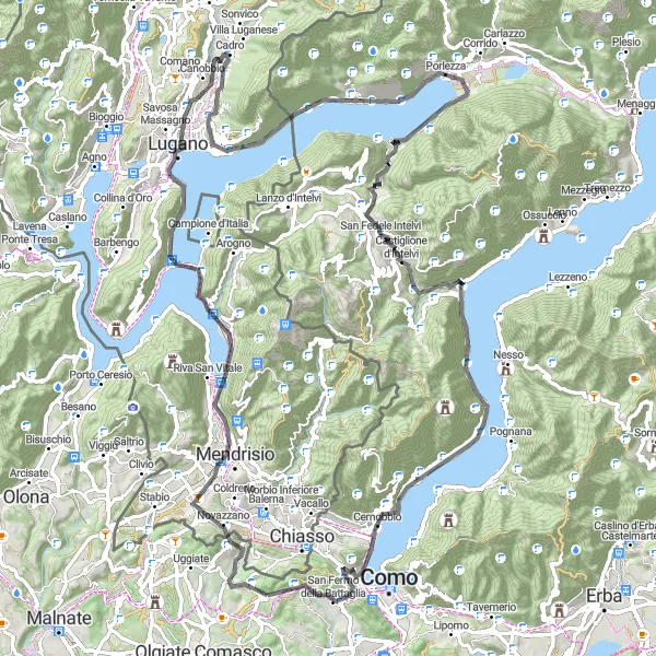 Map miniature of "Lugano Mountain Challenge" cycling inspiration in Lombardia, Italy. Generated by Tarmacs.app cycling route planner