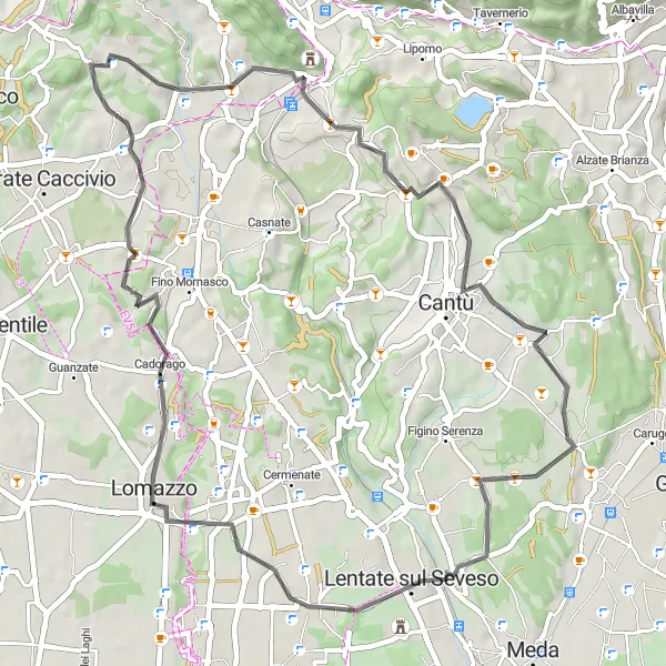 Zemljevid v pomanjšavi "Cycling around Montano and Monte Caprino" kolesarske inspiracije v Lombardia, Italy. Generirano z načrtovalcem kolesarskih poti Tarmacs.app